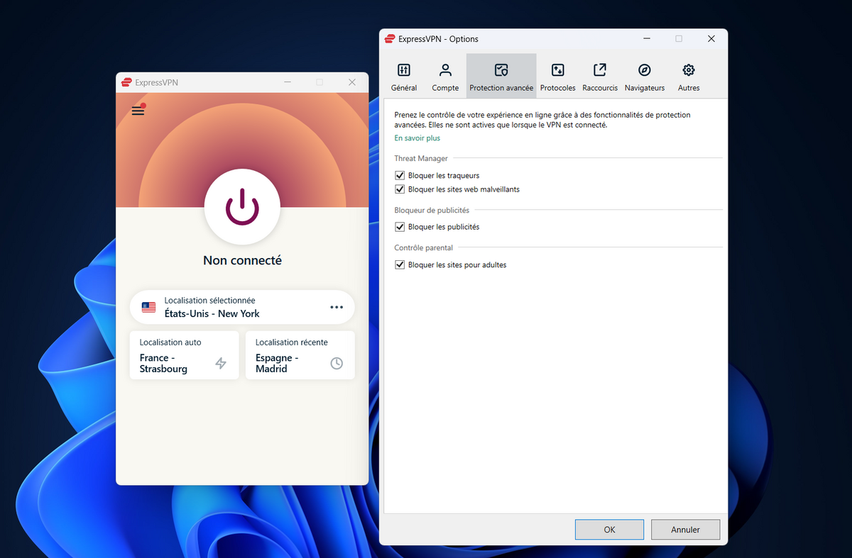 ExpressVPN - La Protection avancée permet de bloquer les publicités et les sites malveillants. © Clubic