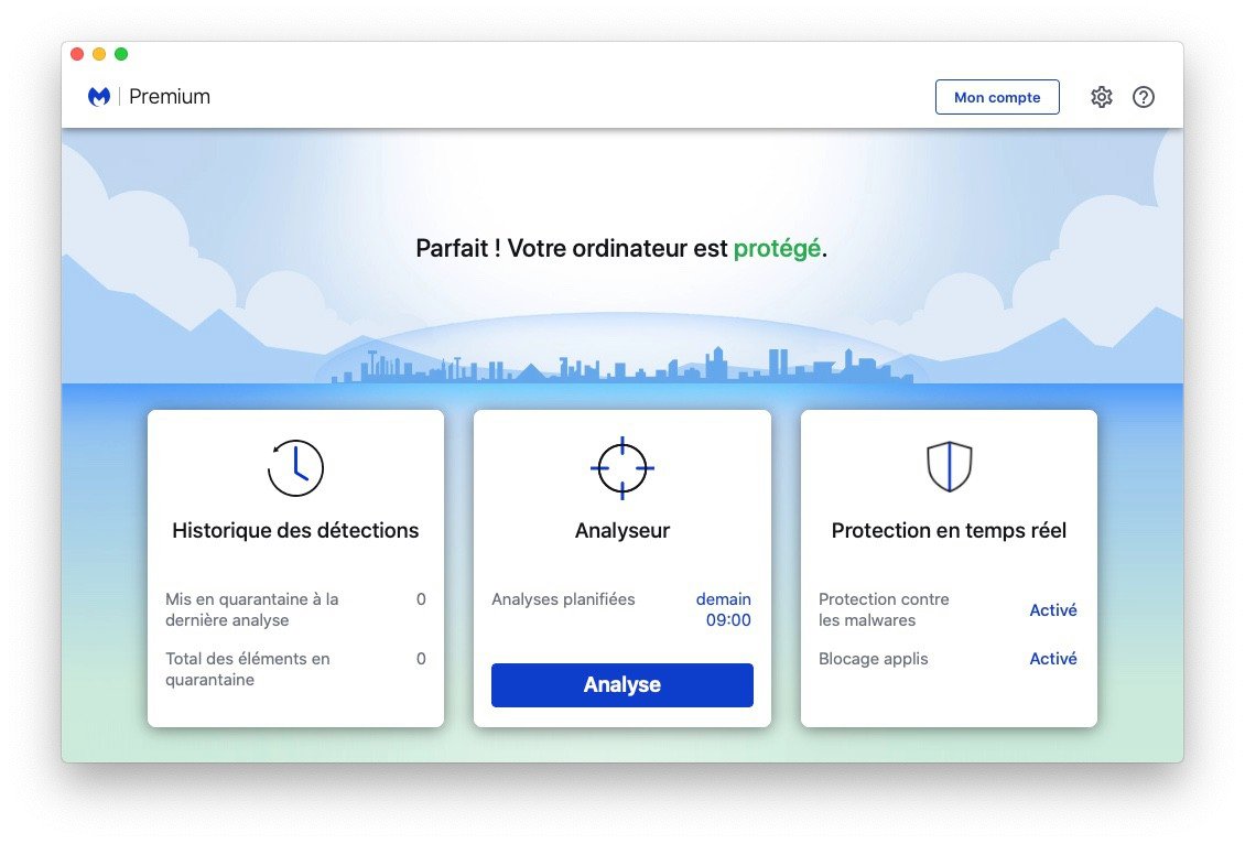 L'interface se résume à trois sections : historique des détections, analyse manuelle et activation ou désactivation de la protection en temps réel. © Clubic