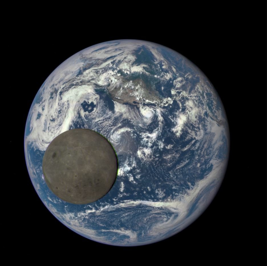 Terre et Lune observés depuis le Point de Lagrange L1 (véritable photo). Crédits NASA. 