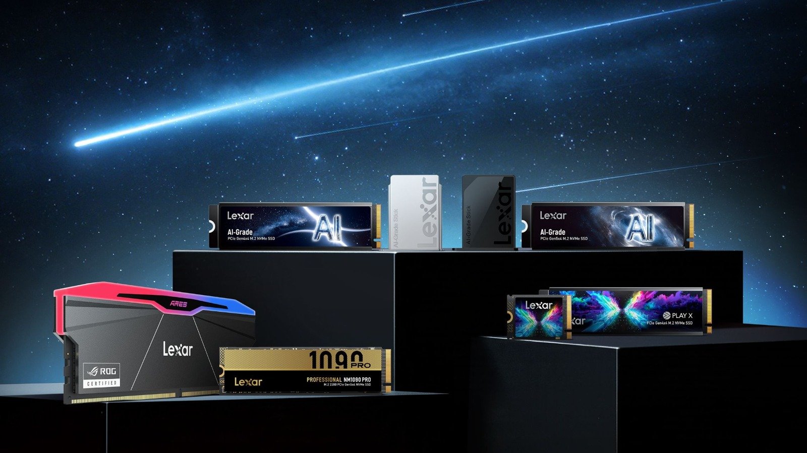 Signe des temps au Computex, Lexar met surtout en avant ses unités de stockage et ses kits de mémoire vive pour ordinateurs, consoles portables et stations de travail. ©Lexar
