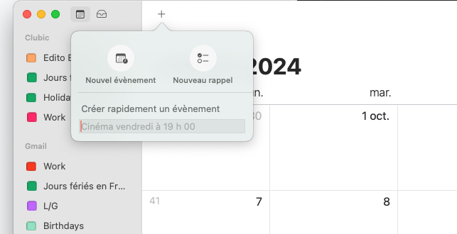 Gestion d'événements et de rappels dans calendrier