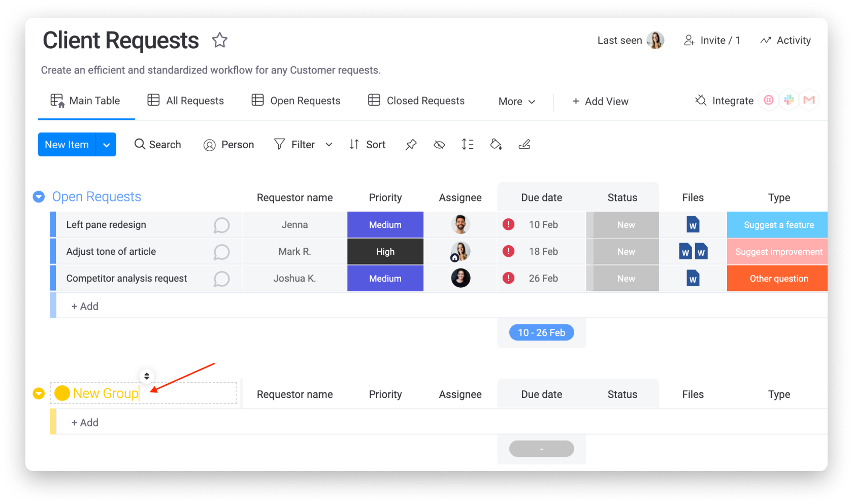 Monday.com - Panneau de gestion des demandes client