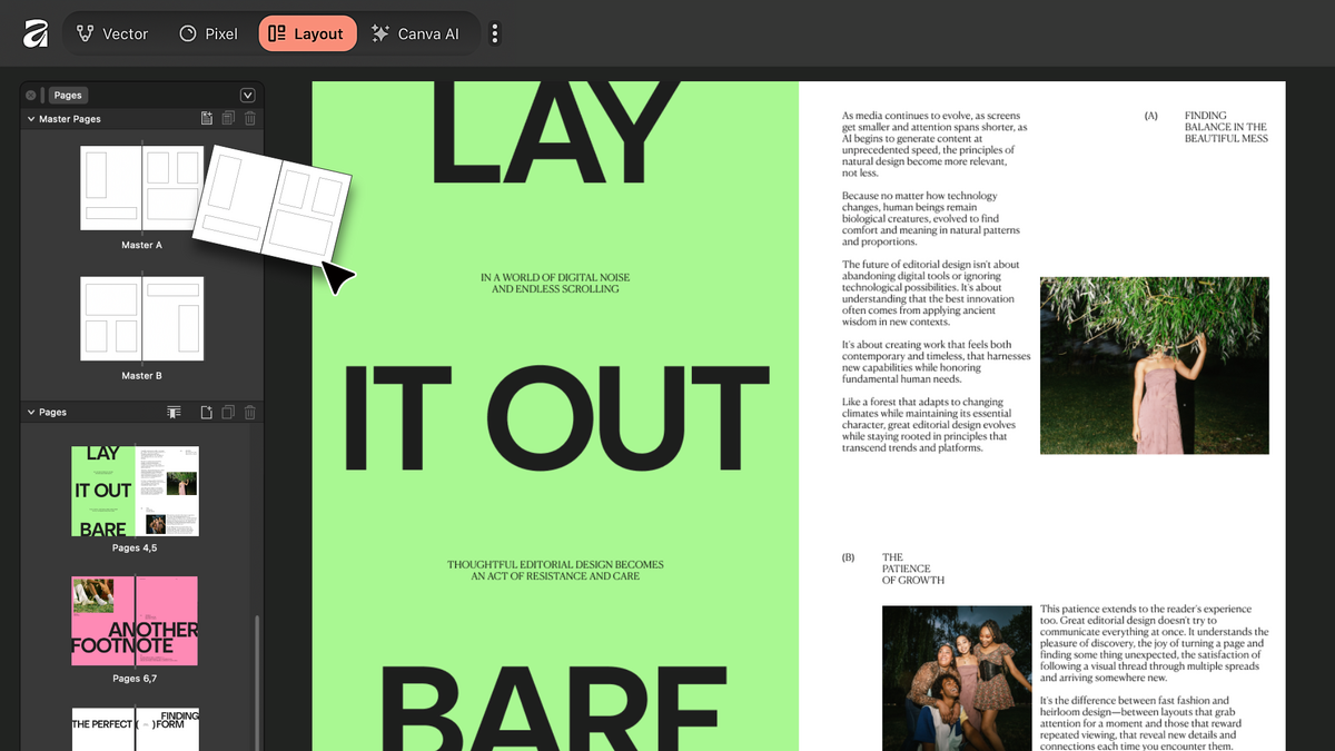 Affinity Publisher est un logiciel de mise en page professionnel complet, idéal pour livres, magazines ou brochures, intégrant la fonction StudioLink pour modifier textes et visuels sans quitter le document - © Affinity