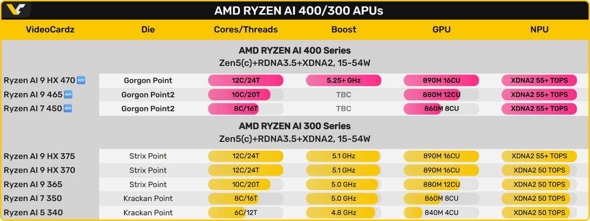 VideoCardz résume tous les infos en notre possession autour des puces Gorgon Point. ©VideoCardz