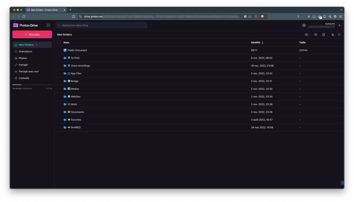 L'interface de Proton Drive