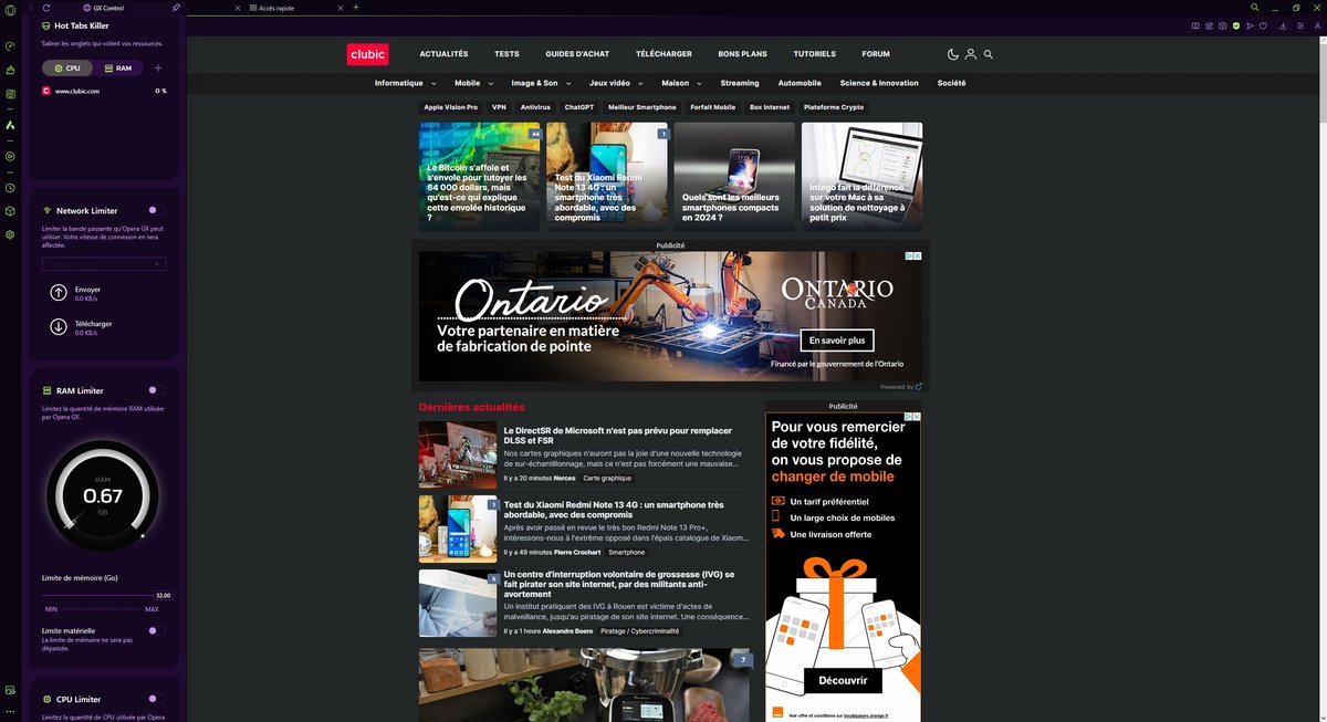 Opera GX - GX Control pour limiter la consommation du navigateur