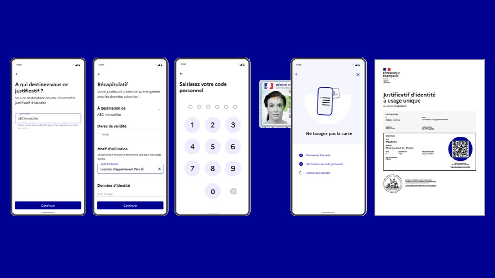 Les étapes de génération d'un justificatif d'identité à usage unique depuis l'application France Identité. © France Identité