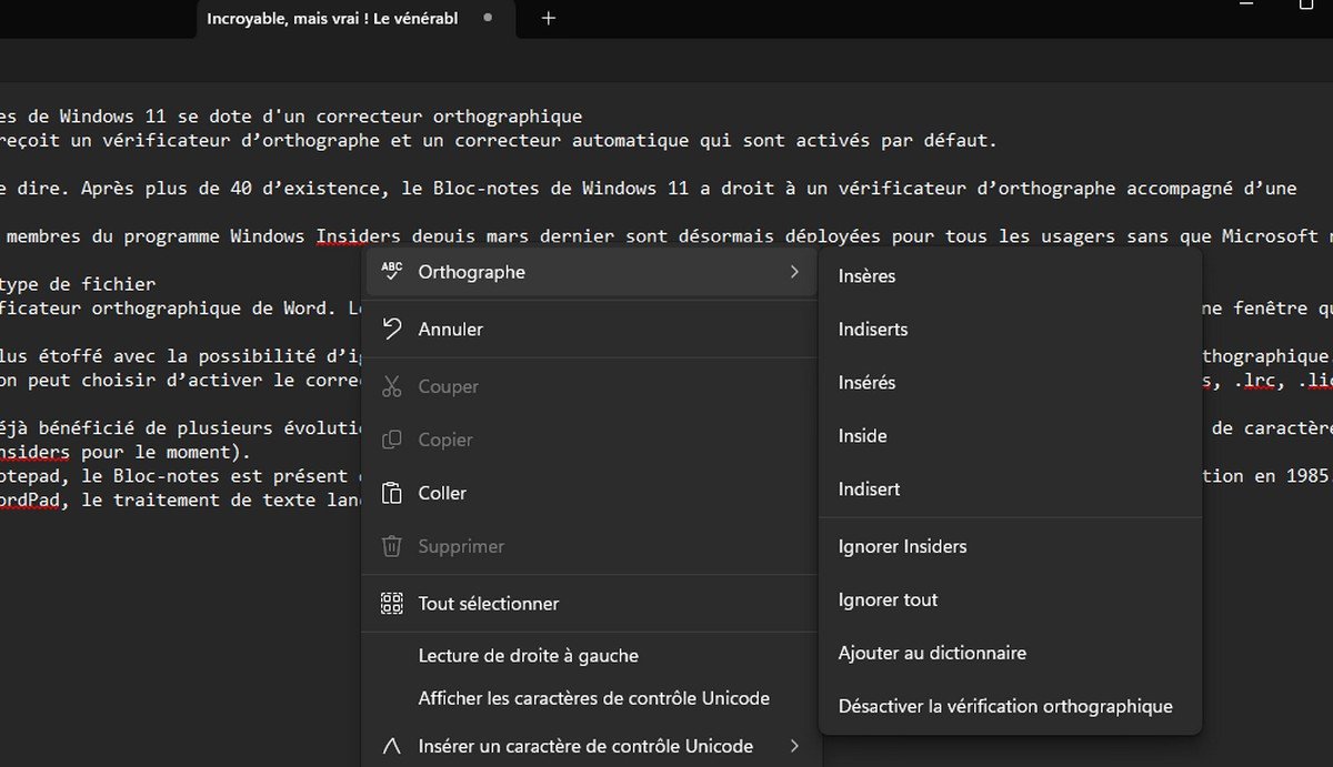 Le vérificateur d'orthographe du Bloc-notes de Windows 11 se comporte globalement comme celui de Word. © Marc Zaffagni pour Clubic