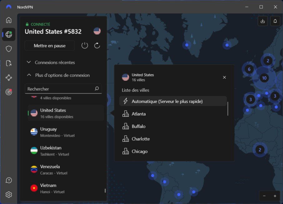 NordVPN - Sélection d'un emplacement