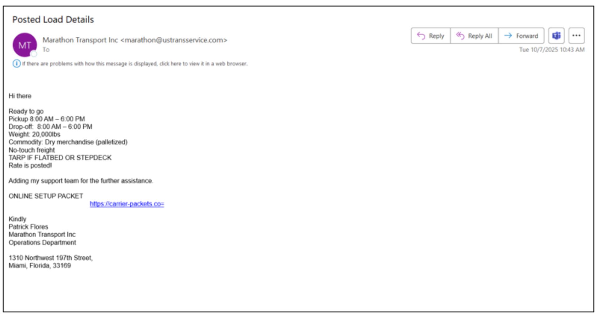 Un e-mail envoyé à un transporteur en réponse à un chargement frauduleux publié sur un tableau de chargement © Proofpoint