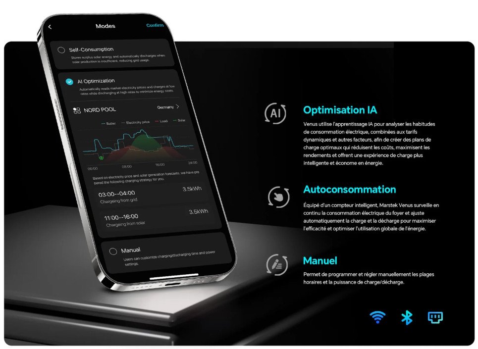 L'appli Marstek permet de configurer la batterie domestique Venus E 3.0 selon ses besoins ou sa configuration électrique (panneaux solaires, stockage heures creuses, etc.). ©Marstek