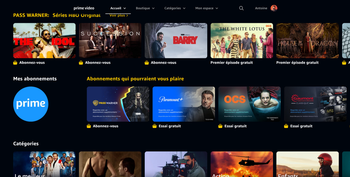 Prime Video - Un mélange de catégories et de chaînes supplémentaires