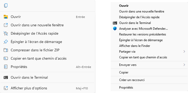 Windows 11 : à gauche, le menu contextuel moderne, à droite, le clic droit classique © Clubic