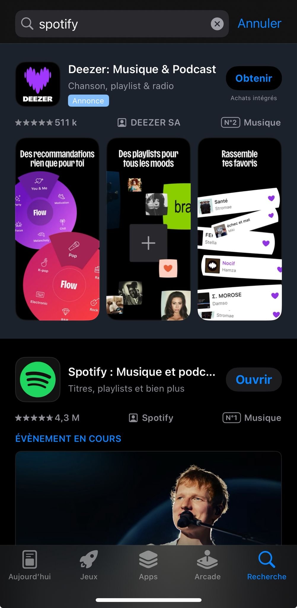 Sur la requête "Spotify", l'App Store propose d'abord Deezer, sous la forme d'une annonce sponsorisée. ©Stéphane Ficca / Clubic
