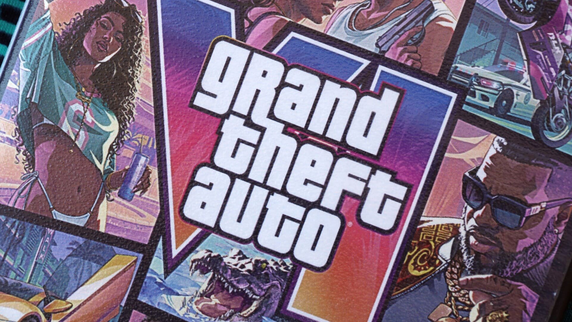 Le design si reconnaissable de la jaquette de GTA VI, entre néons et personnages de Leonida. © Rockstar Games / LarysaP / Shutterstock