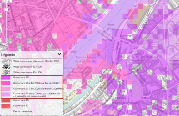 Capture d'écran de la carte 5G de SFR (© UFC-Que Choisir, le 15 décembre 2020)