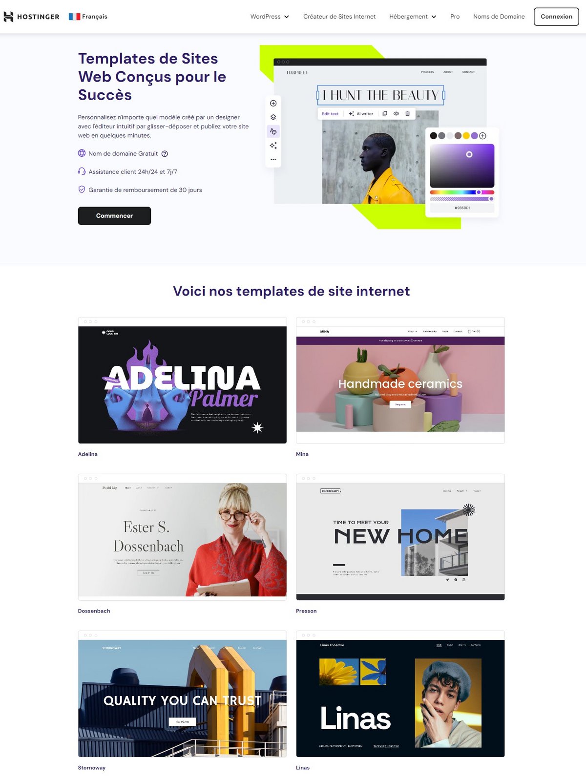 Templates de sites à personnaliser : outil de création de sites web Hostinger