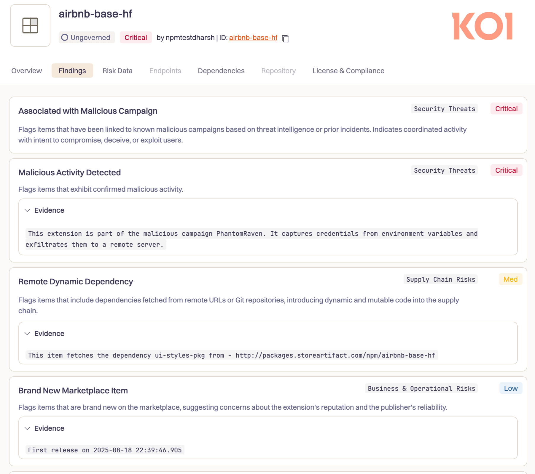 Exemple de module lié à PhantomRaven, avec activité malveillante confirmée et dépendance dynamique chargée depuis une URL externe. © Koi Security