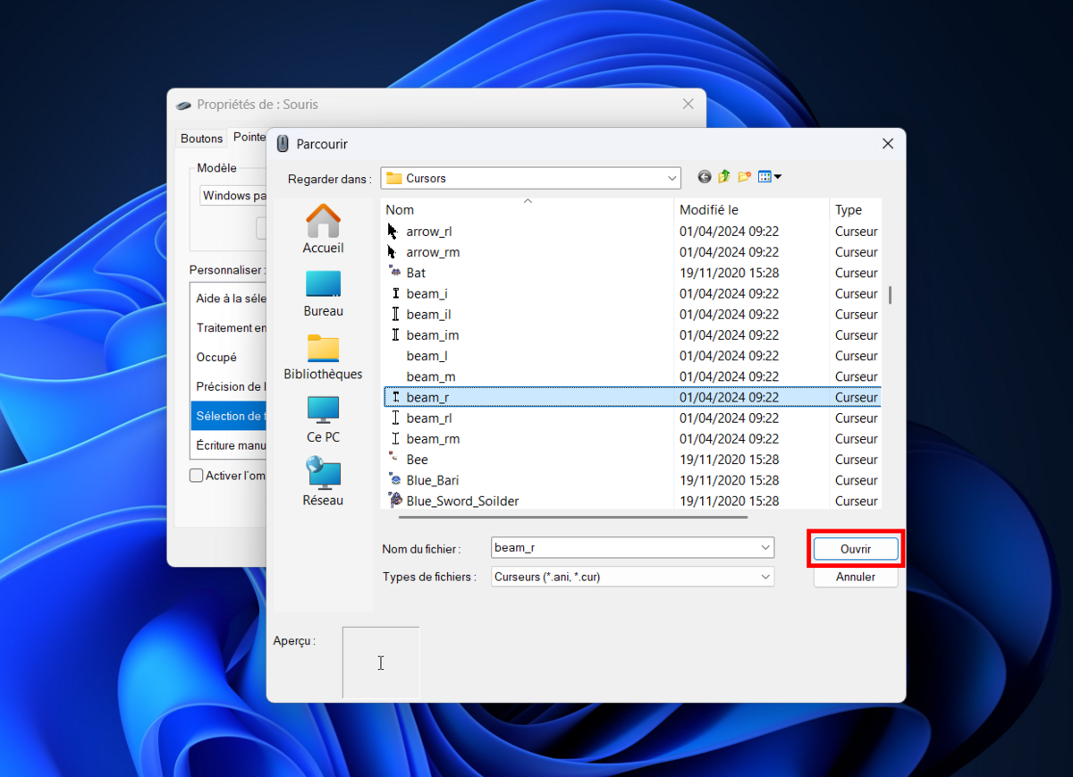 Ouvrez le pointeur par défaut "beam_r", et confirmez vos modifications © Clubic