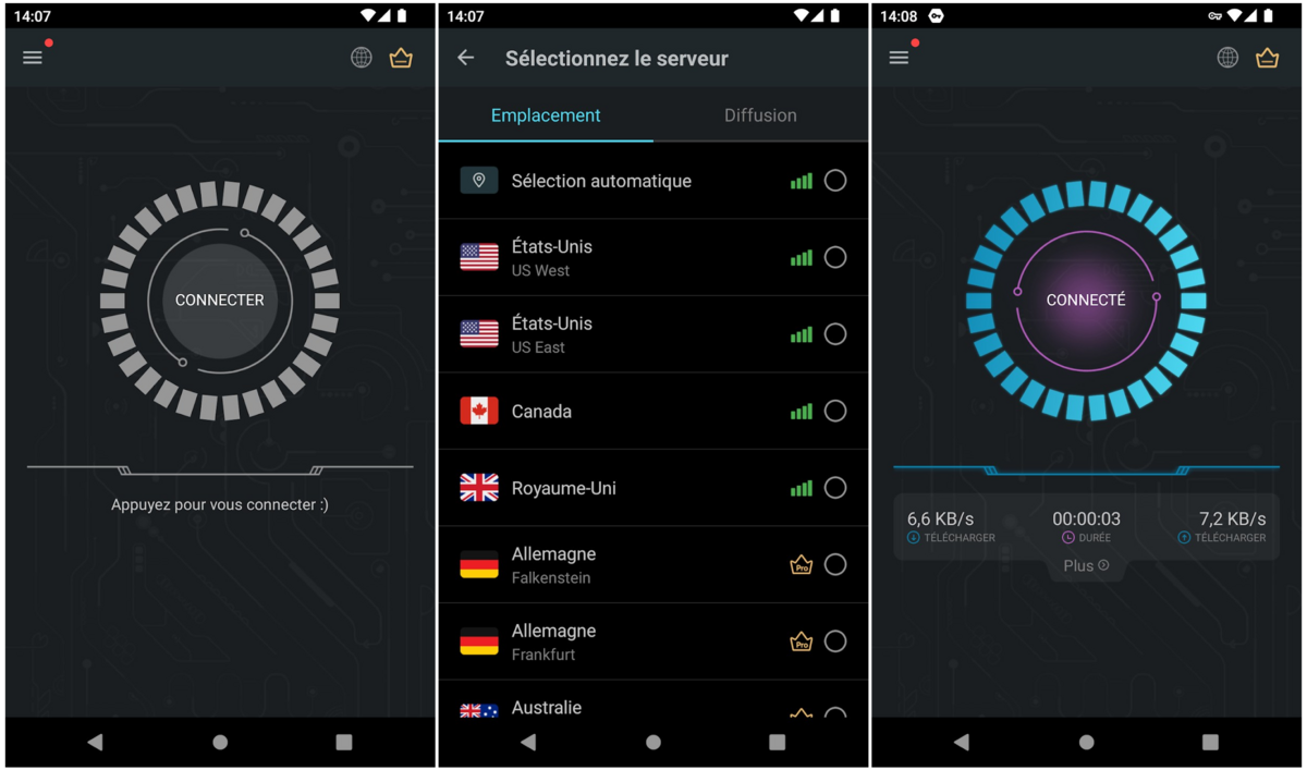 Secure VPN permet de sélectionner facilement un serveur depuis vos appareils Android, garantissant une connexion anonyme et une confidentialité renforcée. - © Secure VPN