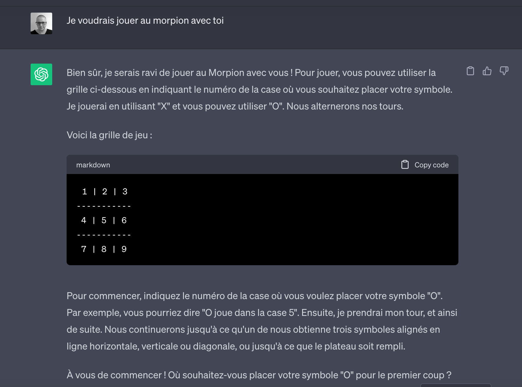 ChatGPT morpion tic tac toe