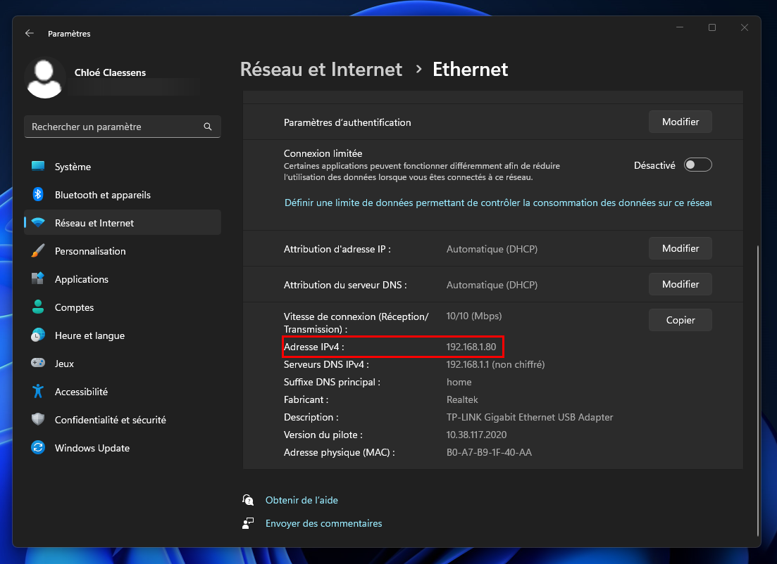 Windows 11 - Retrouver l'IP via Ethernet