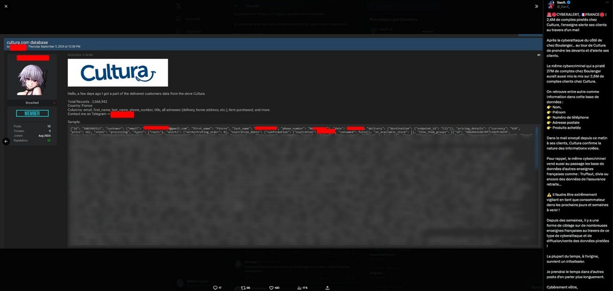 Le "gentil hacker" SaxX a réalisé une capture d'écran de l'annonce de la mise en vente des données clients Cultura - Capture d'écran © SaxX / Mélina Loupia pour Clubic