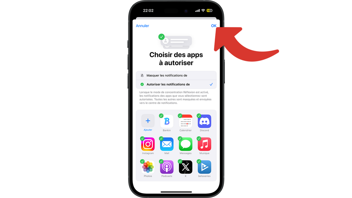 Valider la configuration liées aux applications pour ce mode de concentration © Clubic