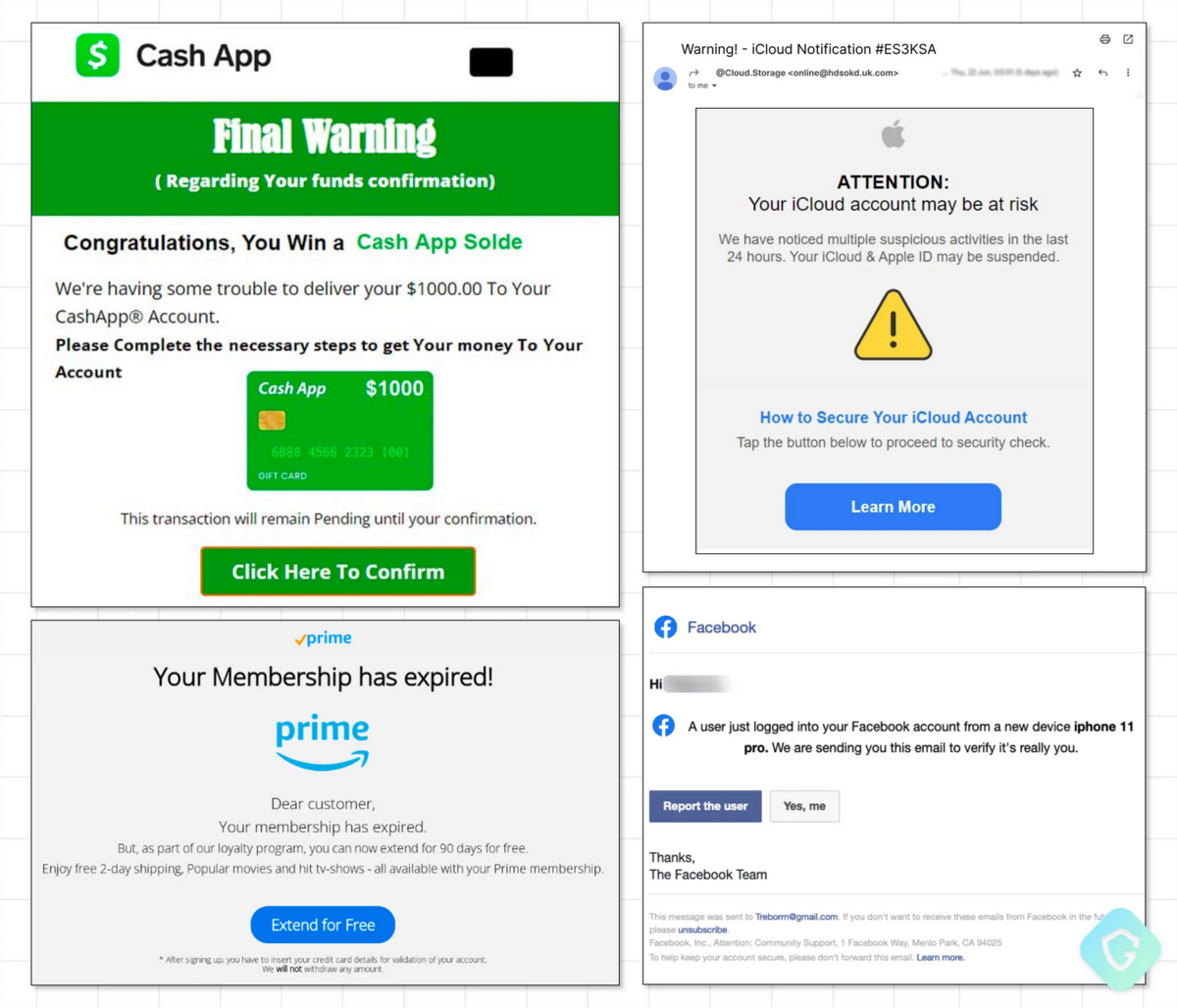 Quelques exemples d'e-mails frauduleux envoyés via l'opération SubdoMaiiling © Guardio Labs