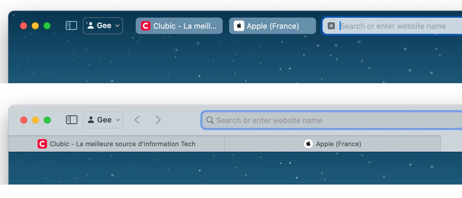 Safari - Mode Compact en haut | Mode classique en bas
