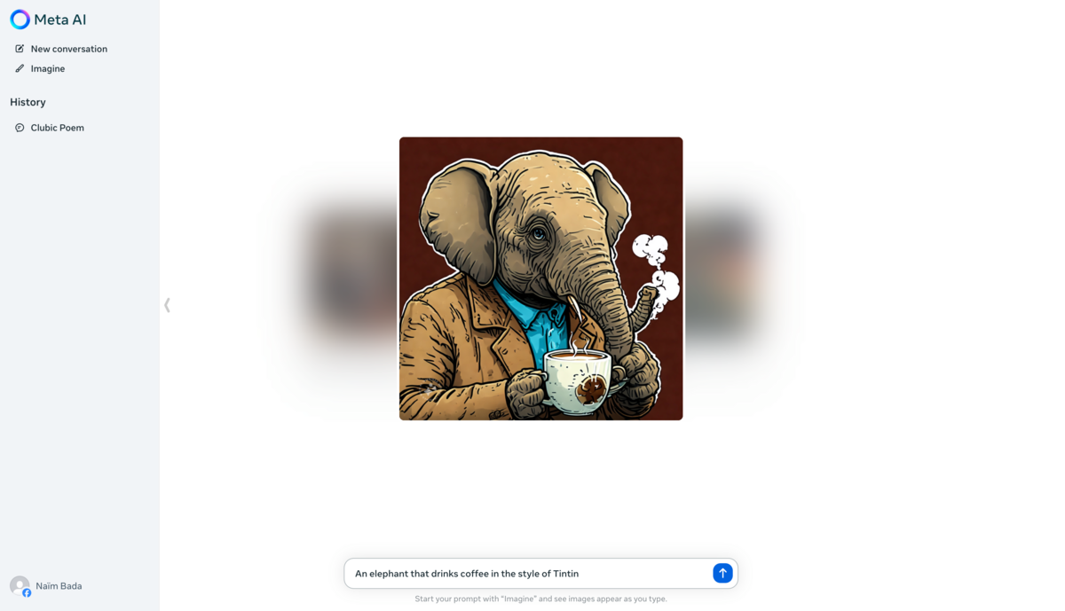La génération d'image de Meta AI, où même un éléphant buvant du café s'inscrit dans le style iconique de Tintin. 
