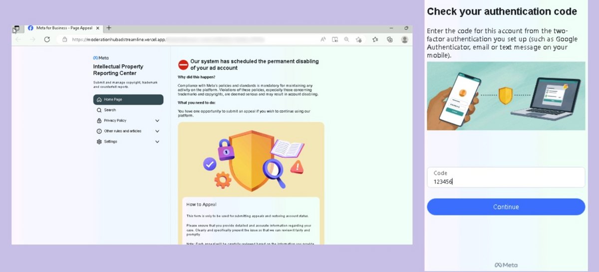 À gauche, la capture d'écran du site malveillant qui usurpe Meta pour les entreprises, et à droite, le formulaire de collecte de code 2FA © KnowBe4