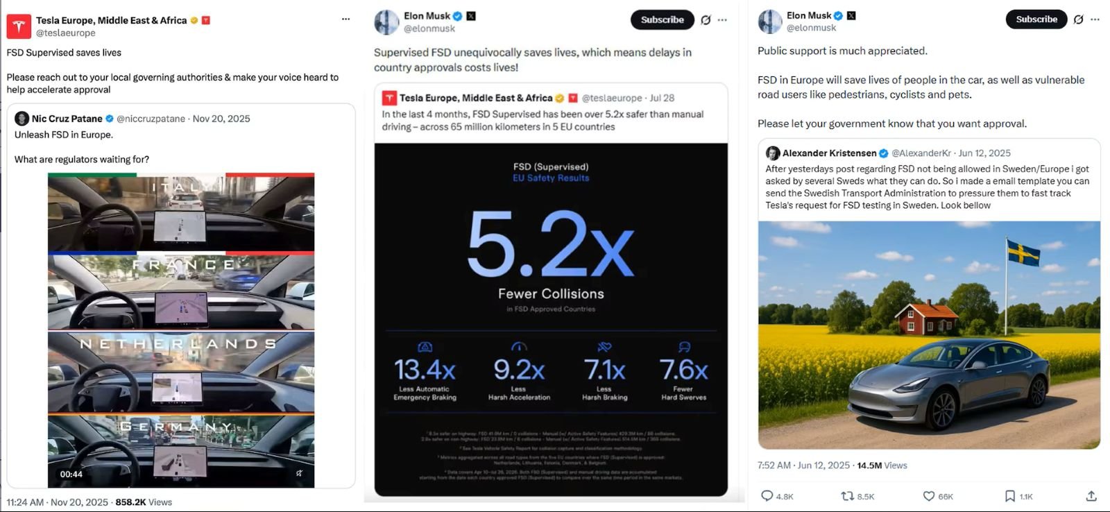 Sur les réseaux sociaux, des appels à soutenir de FSD de la part de Tesla et Elon Musk - ©Reuters