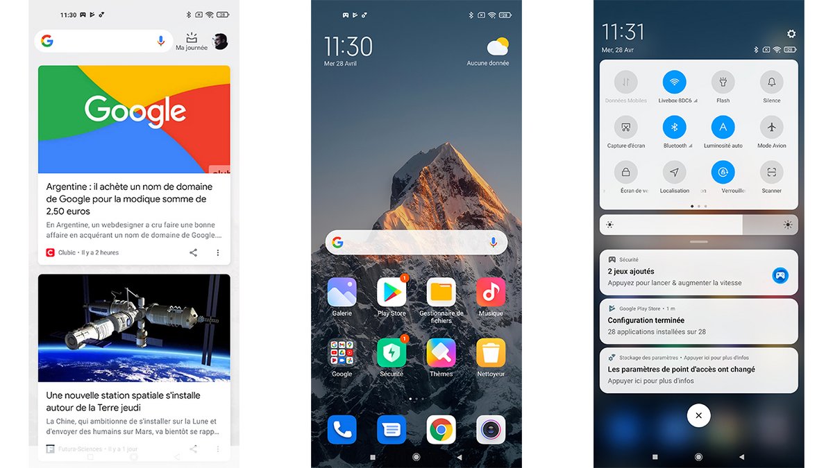 iOS 15 à gauche, Android 11 + MIUI 12 à droite.