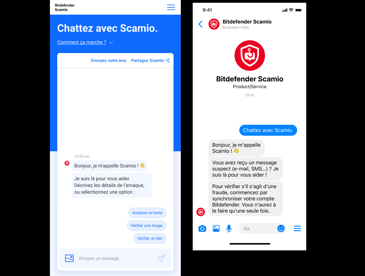 À gauche, Scamio en version mobile ; à droite, en version Messenger © Bitdefender / Alexandre Boero / Clubic