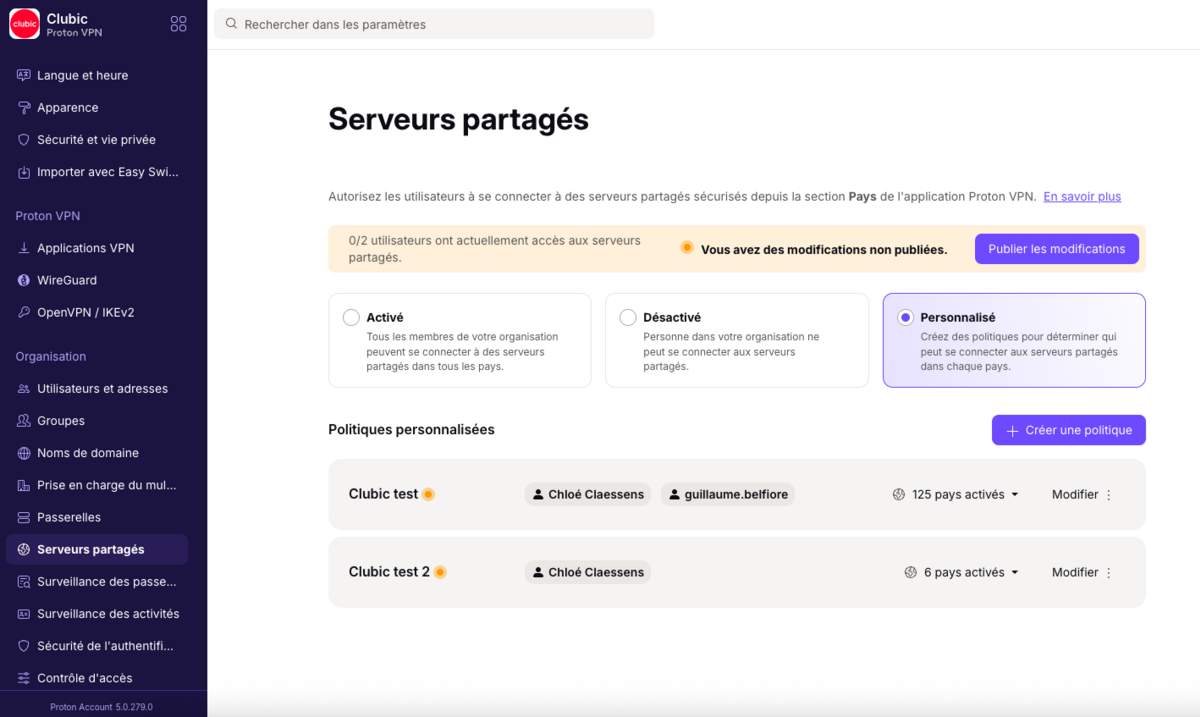Proton VPN Business Suite - Vous pouvez appliquer des politiques d’accès aux serveurs partagés, soit pour l’ensemble des profils, soit par utilisateur ou par groupe. © Clubic