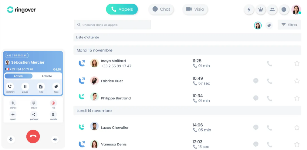 Ringover centralise appels, SMS et visioconférences dans une interface unique, facilitant la communication interne, le support client et la gestion des flux pour les équipes professionnelles - © Ringover