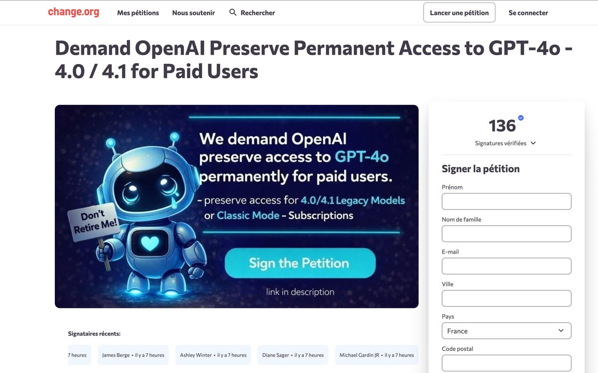 Une pétition lancée pour conserver GPT-4o. ©Change.org / Jessica Rodriguez