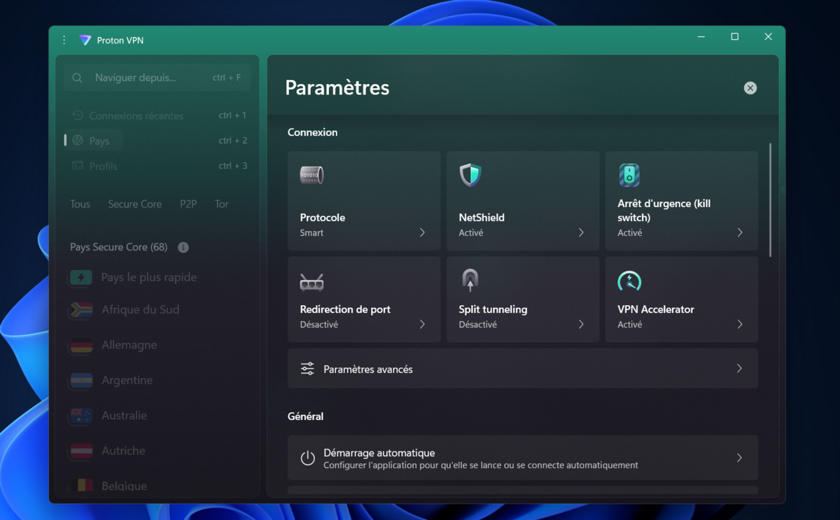 Gestion intelligente des protocoles, redirection de ports, VPN accelerator, kill switch : Proton VPN pousse la sécurité et la confidentialité de ses abonnés très loin, sans sacrifier l'expérience de navigation. © Clubic