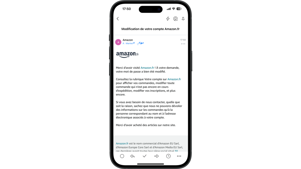 E-mail d'Amazon confirmant la modification du mot de passe © Clubic