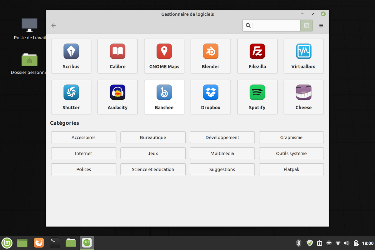Le gestionnaire de logiciels de Linux Mint affiche une sélection facile d'applications organisées par catégorie.