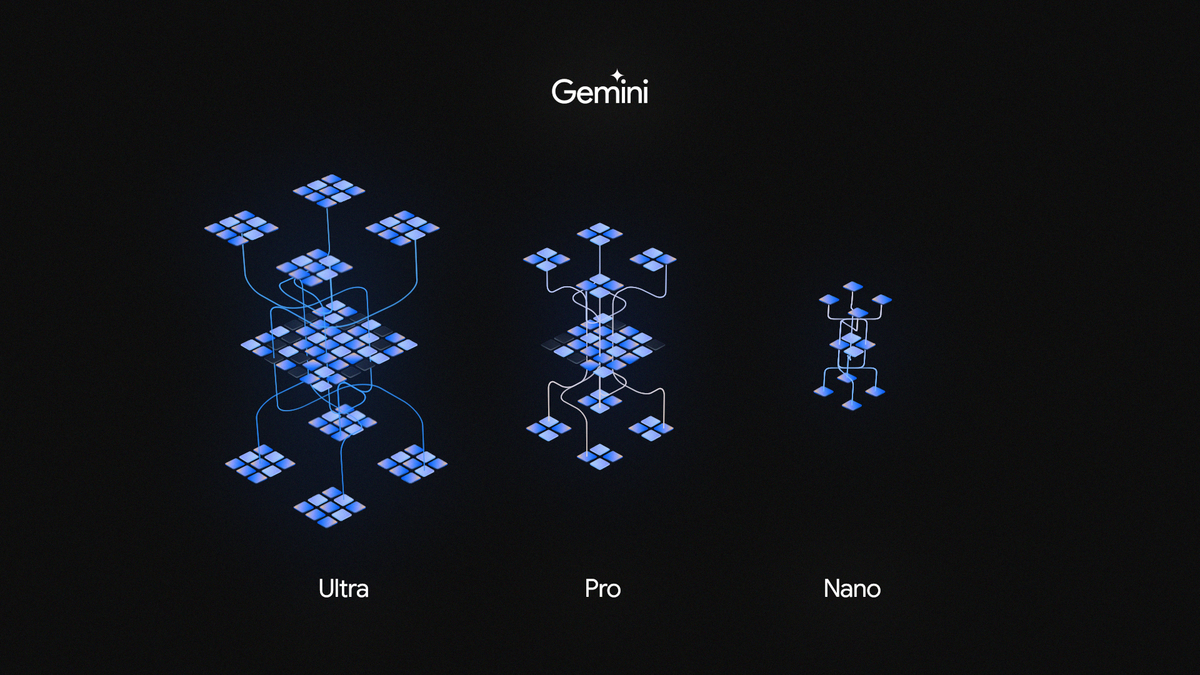 Gemini se décline en trois modèles, avec celui du milieu comme nouveau moteur du chatbot IA. © Google