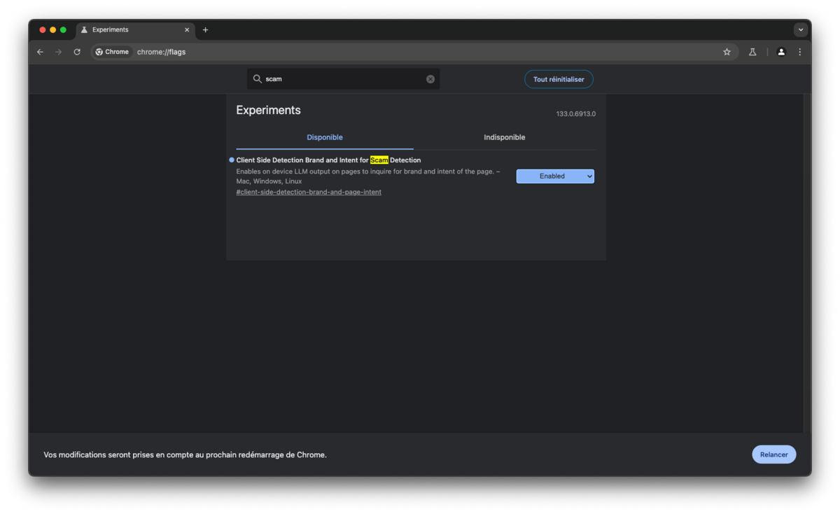 La détection des scams par l'IA est actuellement en cours de test sur Chrome Canary. A activer dans les flags du navigateur © Clubic