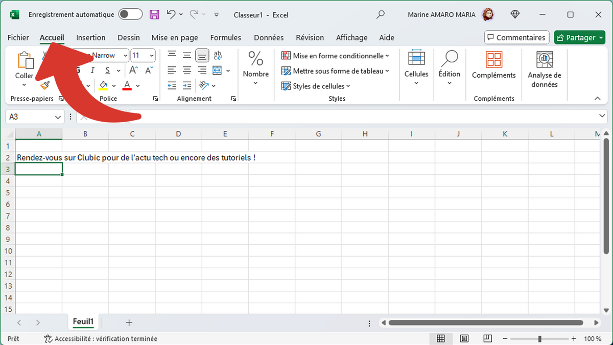 Aller dans le menu Accueil d'Excel © Clubic