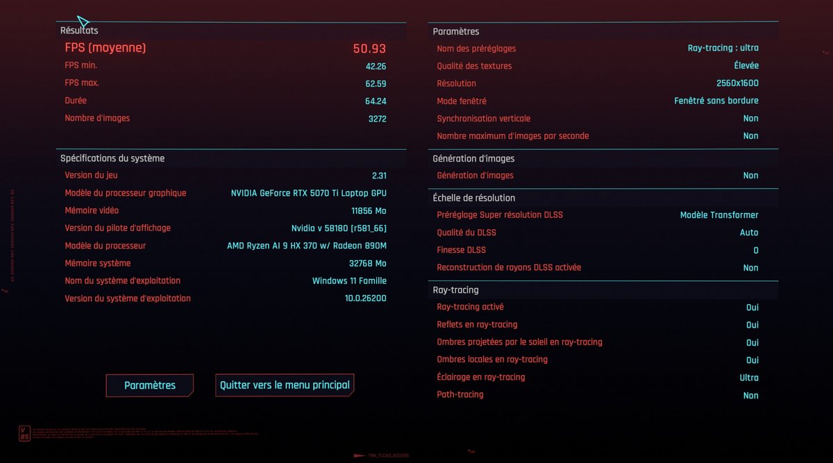 Les résultats sous Cyberpunk 2077 avec le ray tracing actif et la génération de frames coupée