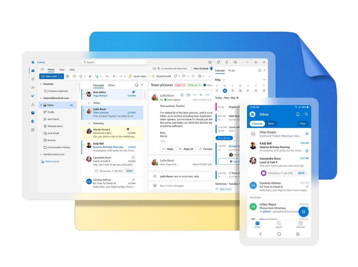 Aperçu de l’interface Outlook : mails, calendrier et tâches réunis dans une seule vue, accessible depuis tous vos appareils. - © Outlook