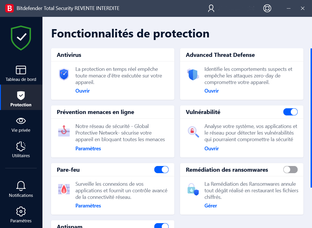 Bitdefender Total Security - Centre de sécurité