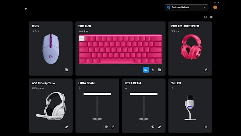 Tableau de bord de l'utilitaire affichant les périphériques connectés (souris, clavier, casque, micro et lampes Litra Beam) avec leur état respectif. - © Logitech G Hub