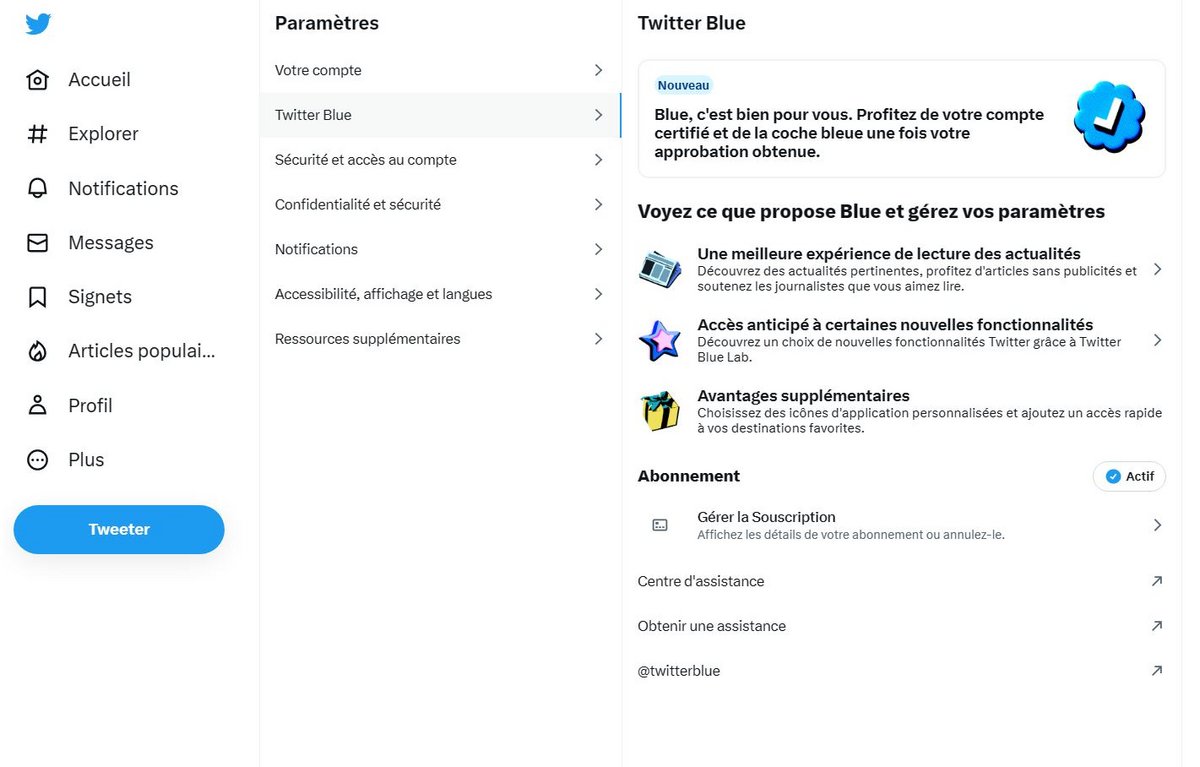 Dès l'activation de l'abonnement, on a accès aux diverses fonctionnalités propres à Twitter Blue © Twitter