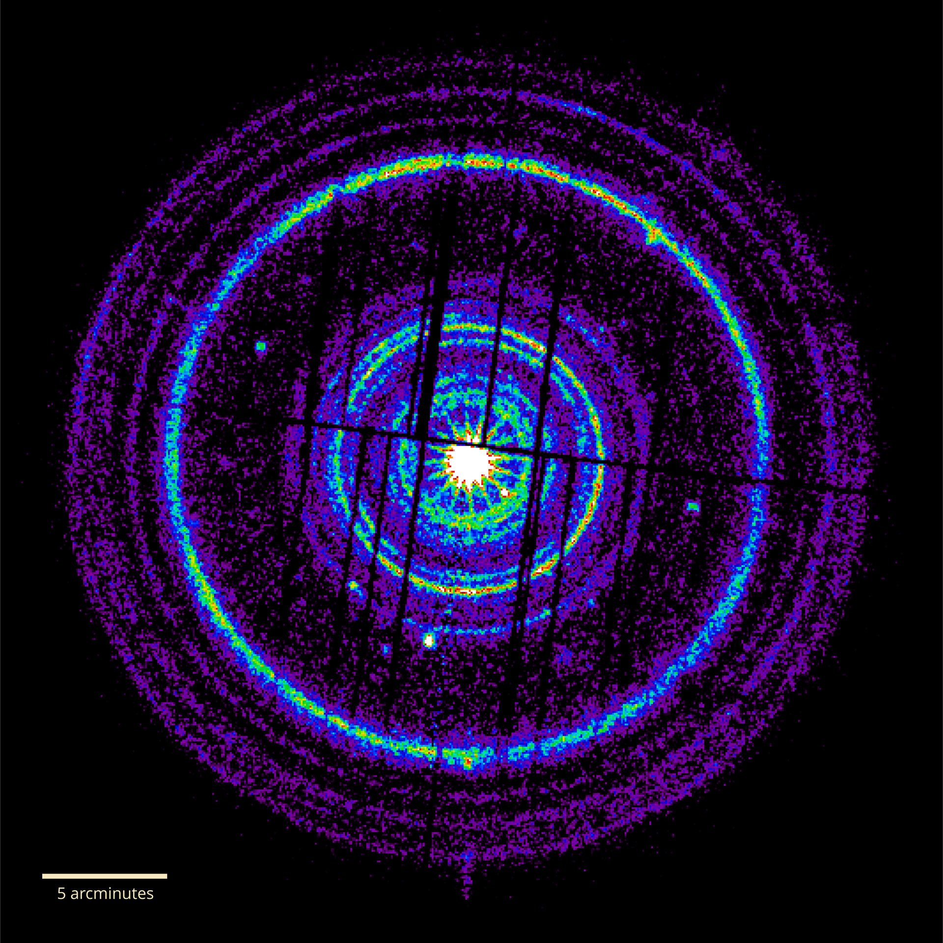 Le télescope spatial XMM-Newton a observé le sursaut gamma. Et cette image montre un composite avec les différents milieux traversés par cette gigantesque onde de choc. Crédits ESA/XMM-Newton/M. Rigoselli (INAF)